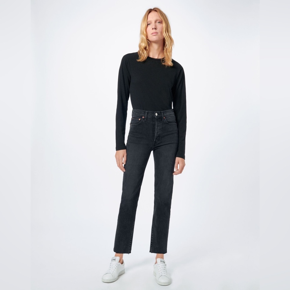 Re/Done Comfort Stretch High Rise Stove Pipe jeans 
Faded Black 85 size 23